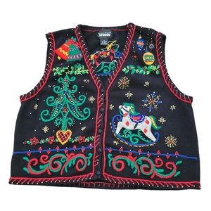 Vintage Christmas Black Buttons Down Cardigan Sweater Vest Top Size: XL